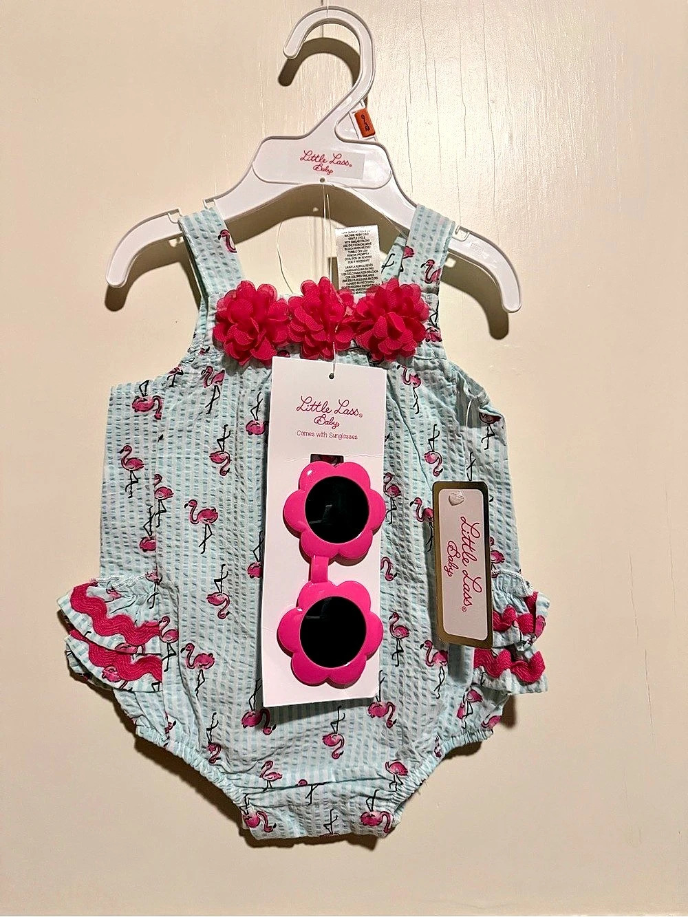 Flamingo Romper Blue & Pink Baby With Sunglasses NWT 0-3M